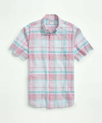 Milano Slim-Fit Washed Cotton Madras Button-Down Collar Short-Sleeve Sport Shirt - Brooks Brothers Canada