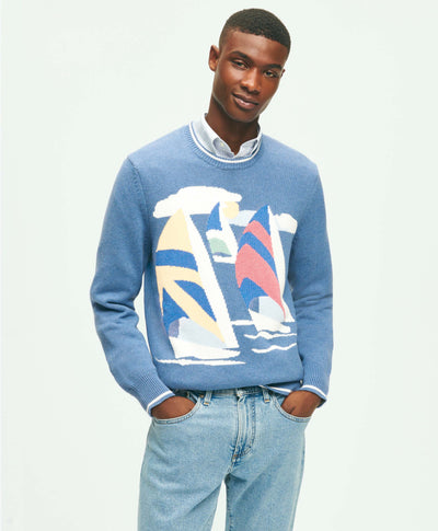Vintage-Inspired Intarsia Sailboat Sweater In Supima Cotton