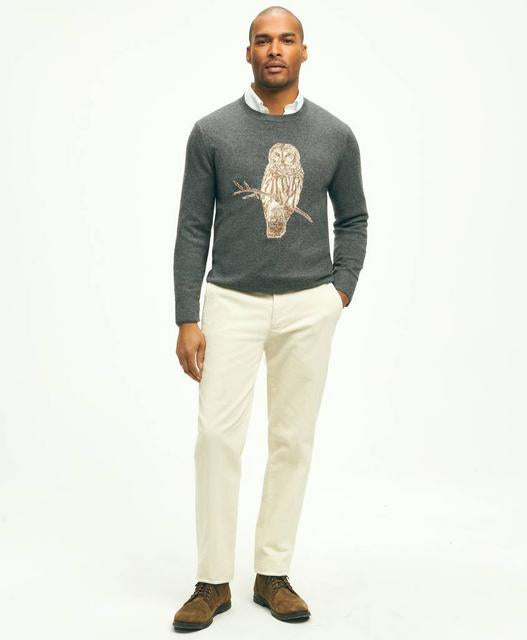 Merino Wool Cashmere Owl Intarsia Sweater - Brooks Brothers Canada